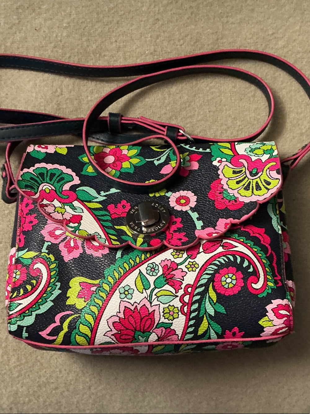Vera Bradley Black Floral Paisley Crossbody with Pink & Green Accents